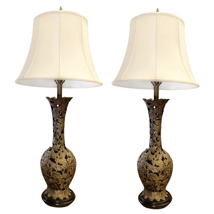 Mid Century Openwork Metal Lamps w. New Silk Shades