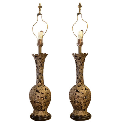 Mid Century Openwork Metal Lamps w. New Silk Shades