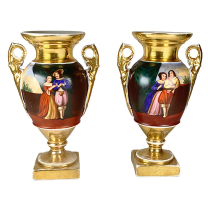 Pair European Hand-Painted Gilt Handled Urns