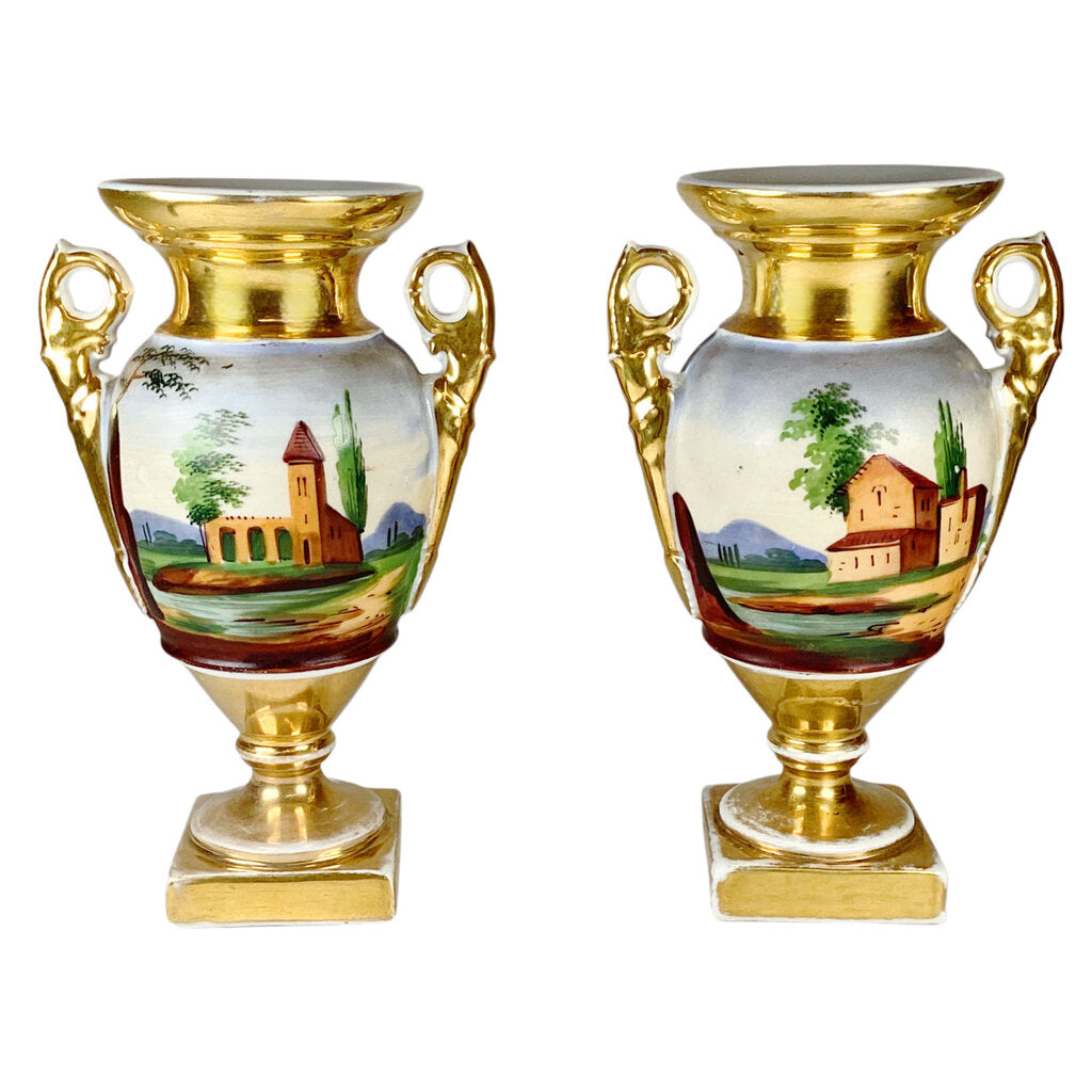 Pair European Hand-Painted Gilt Handled Urns