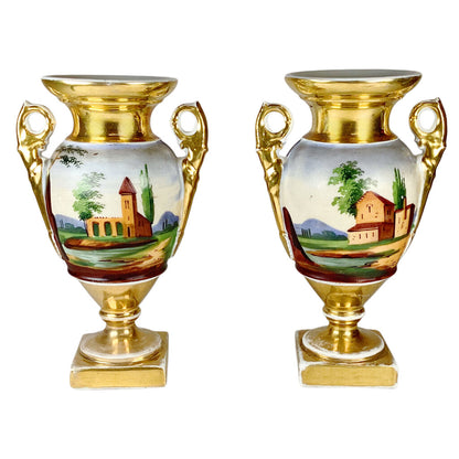 Pair European Hand-Painted Gilt Handled Urns