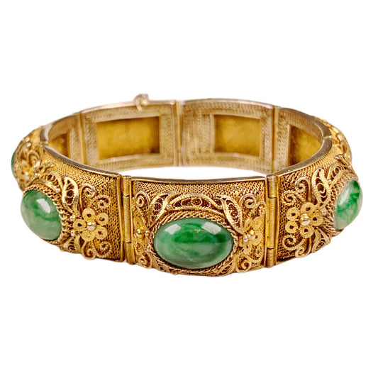 Chinese Silver Gilt Filigree Green Stone Bracelet