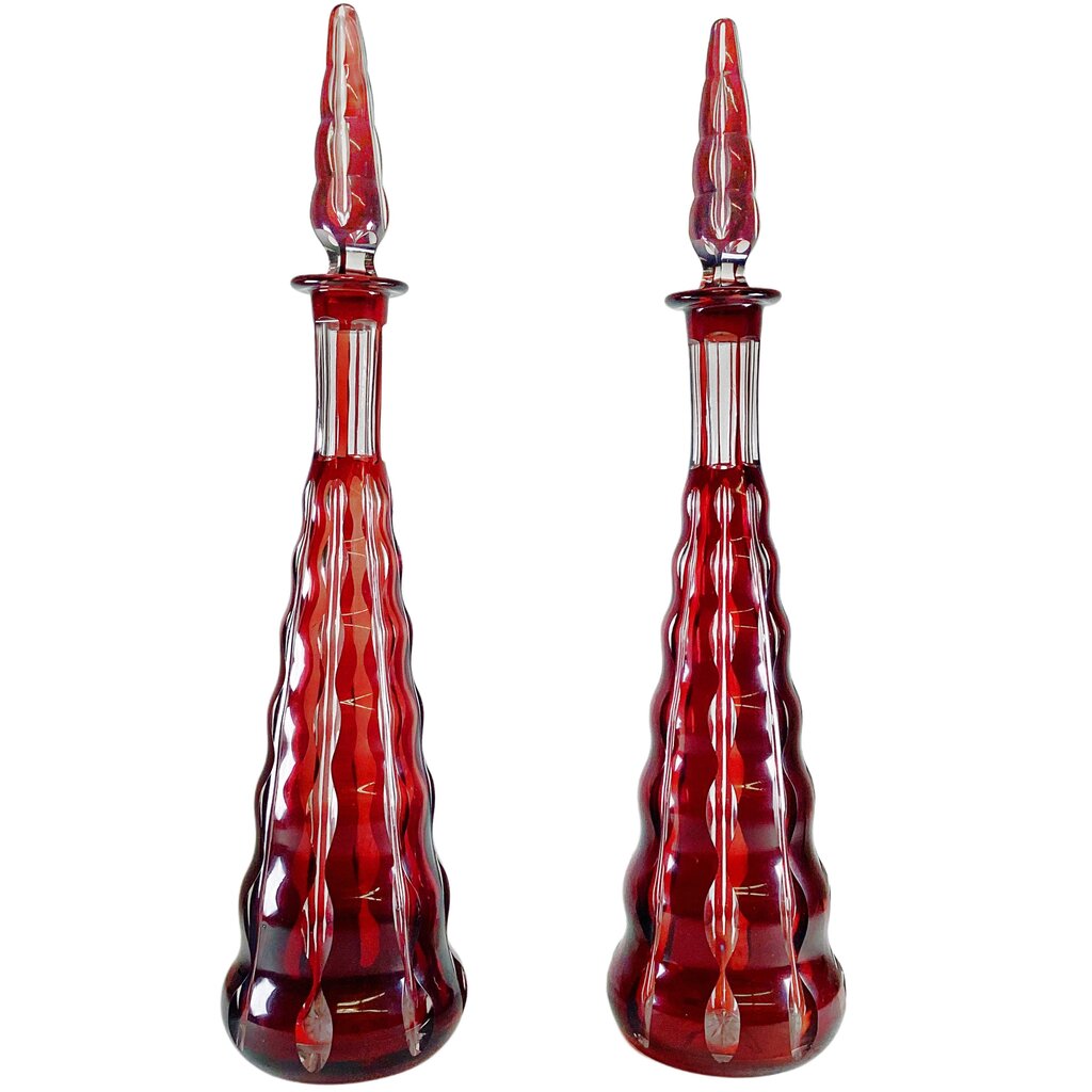Pair of Bohemia Ruby Cut Glass Decanters. Late 19th Century.