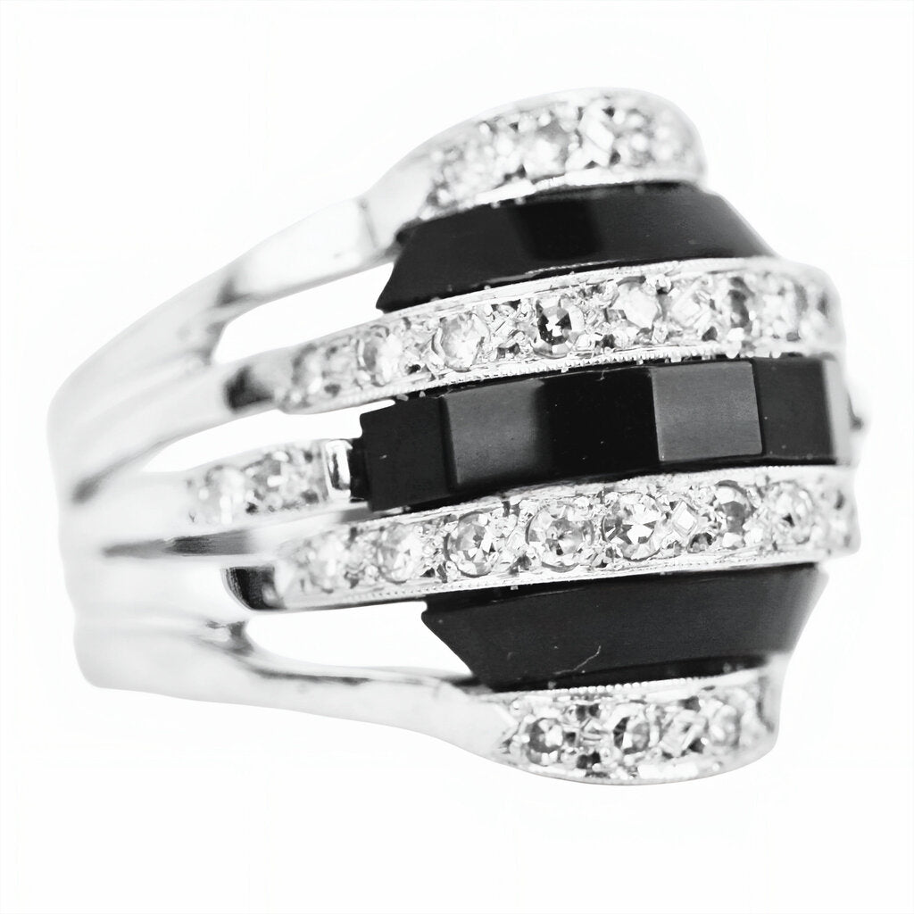Art Deco Onyx & Diamond Ring in 14Kt White Gold