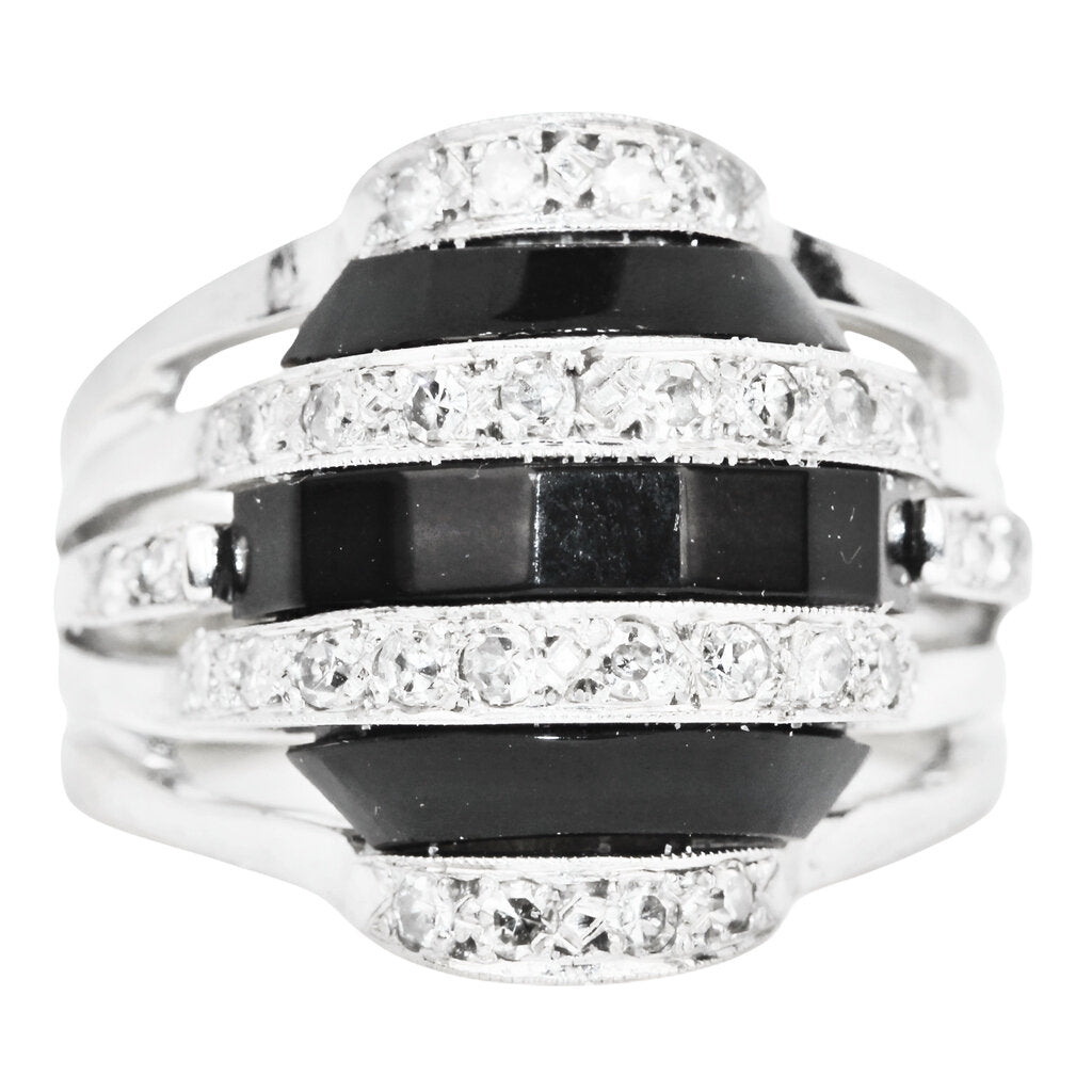 Art Deco Onyx & Diamond Ring in 14Kt White Gold