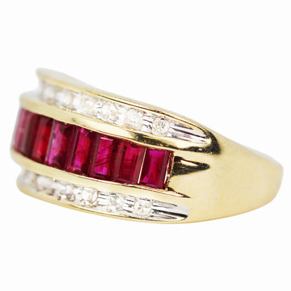 Calibre Cut Ruby & Round Cut Diamond Ring in 14Kt Gold
