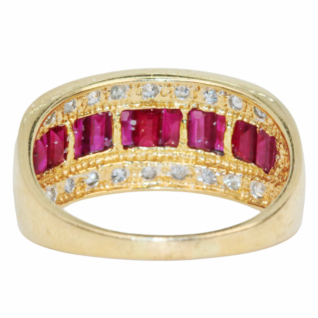 Calibre Cut Ruby & Round Cut Diamond Ring in 14Kt Gold