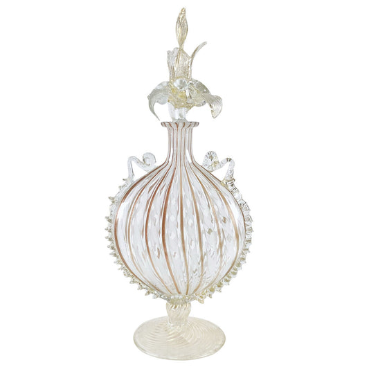Vintage Murano Glass Bottle w Stopper & Caned Decoration