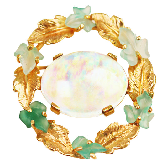 Arts & Crafts Style Water Opal & Carved Chalcedony 14Kt Gold Brooch Stamped Karbra