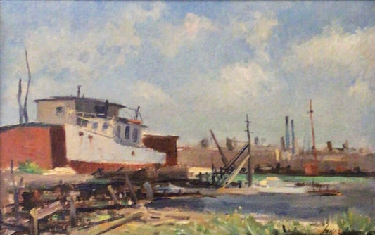 Jonas Lie. Port Scene. Oil on Canvasboard. Signed Lower Right. 20th Century