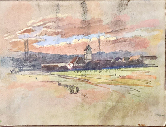 Sunset Landscape w/ Village, Mixed Media, 20th Century.