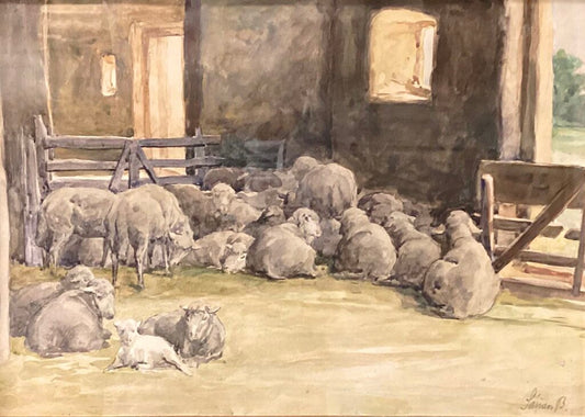 Bella Sandor. Flock Of Sheep In Barn. Watercolor on Paper.