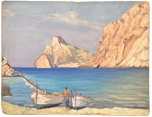 Early 20th Century. French Seaside Beach Scene. Oil on Board.