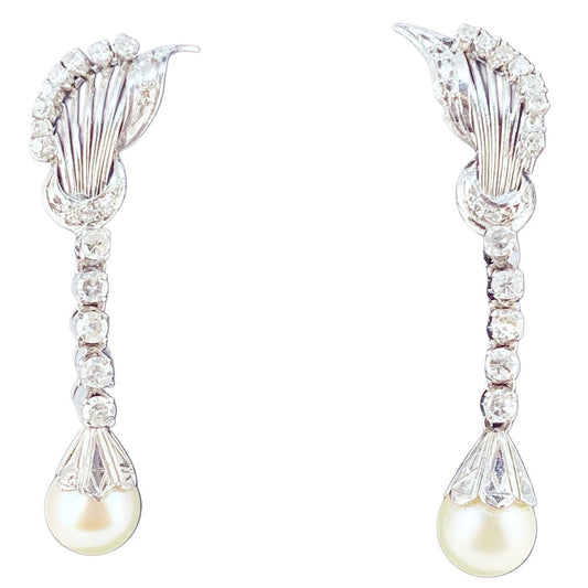 Diamond & Pearl Drop Earrings Mounted in 18Kt. c. 1950s
