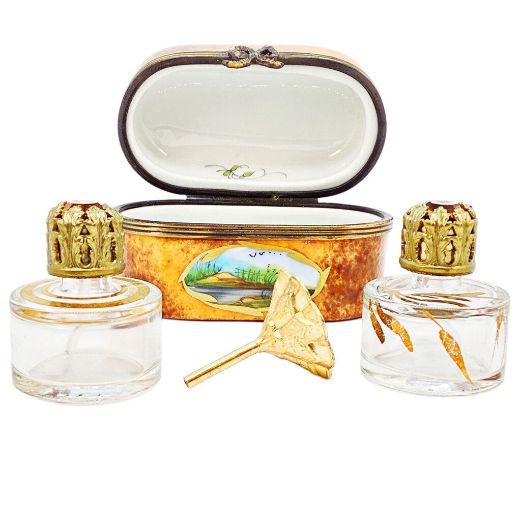Limoges Porcelain Perfume Chest w 2 Bottle & Funnel