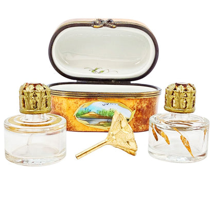 Limoges Porcelain Perfume Chest w 2 Bottle & Funnel