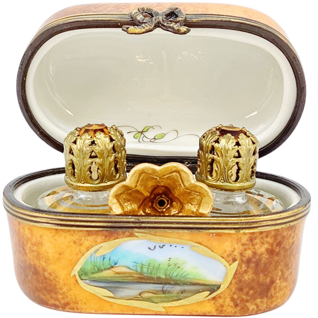 Limoges Porcelain Perfume Chest w 2 Bottle & Funnel