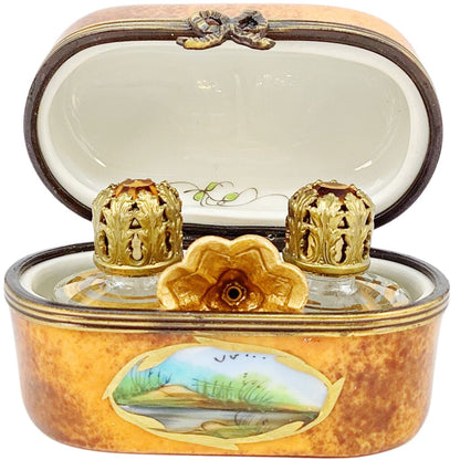 Limoges Porcelain Perfume Chest w 2 Bottle & Funnel