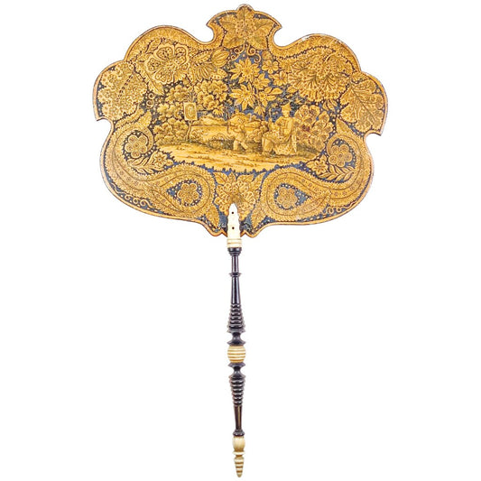 19th Century Hand Painted Face Screen w Bone Handle