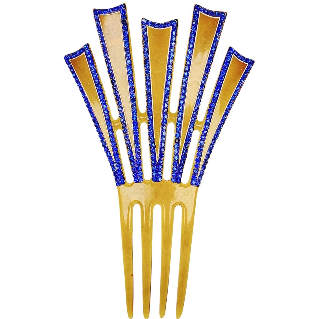 Art Deco Amber Celluloid Hair Comb w Blue Rhinestones