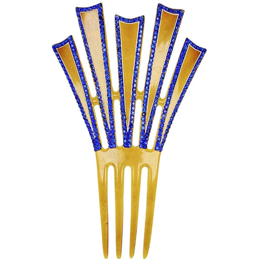Art Deco Amber Celluloid Hair Comb w Blue Rhinestones