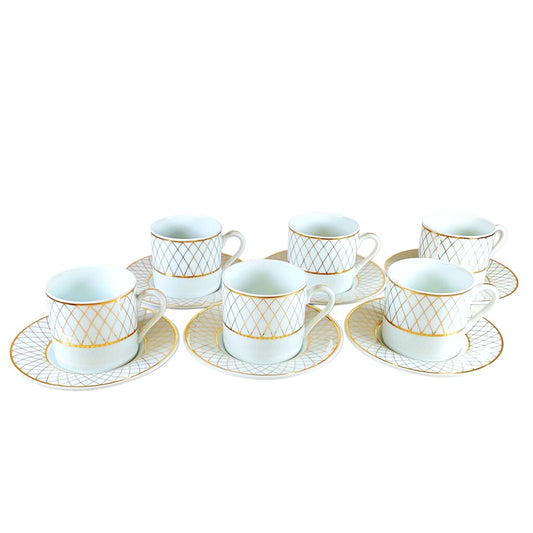 Set of 6 Tiffany Gold Lattice Espresso Cups & Saucers
