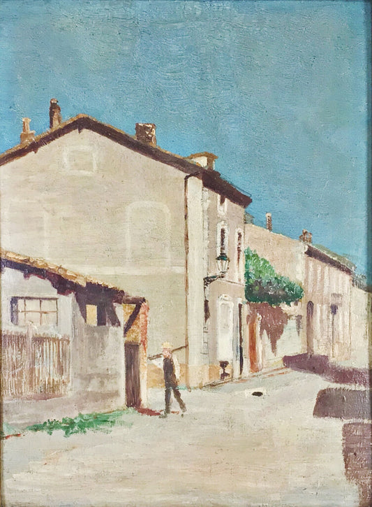 Man on French Village Street. Oil on Board.