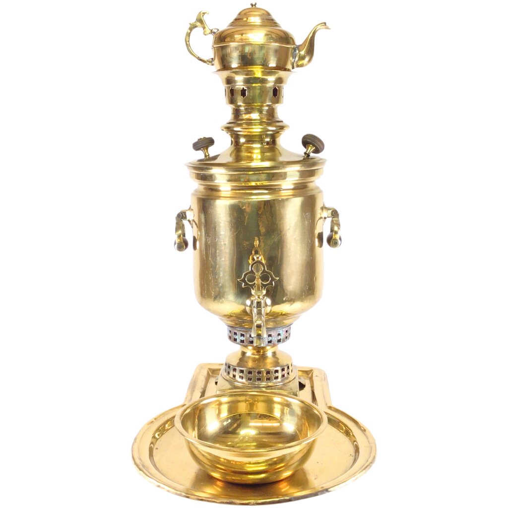 Antique Russian Brass Samovar w/ Tray, Catch Bowl, & Teapot
