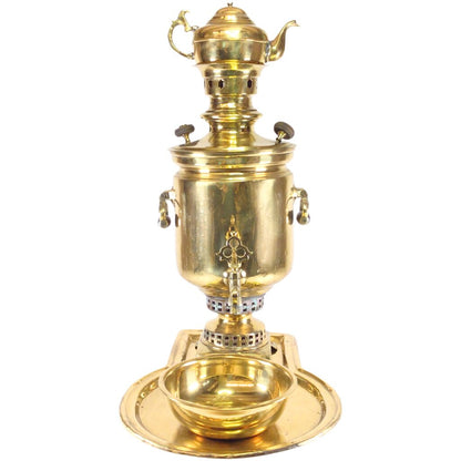 Antique Russian Brass Samovar w/ Tray, Catch Bowl, & Teapot