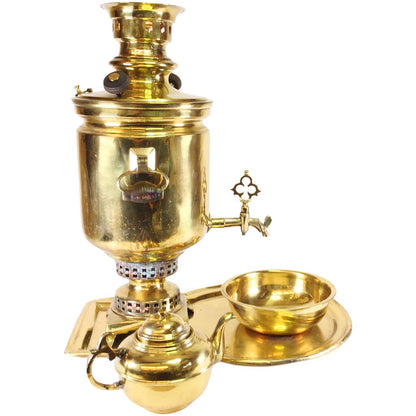 Antique Russian Brass Samovar w/ Tray, Catch Bowl, & Teapot
