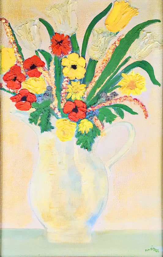 Summer Flowers in Glass Pitcher. Oil on Board.