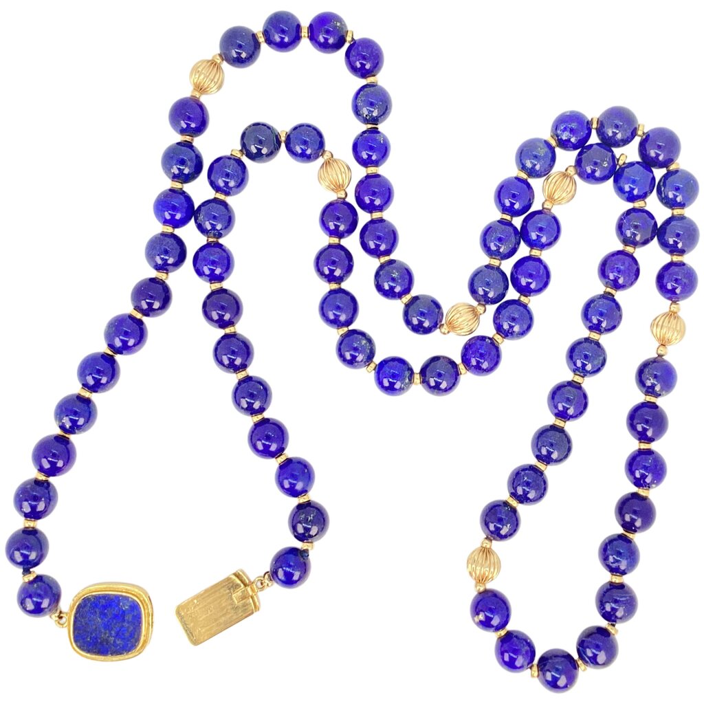 Lapis Bead Necklace Strung w 14Kt Gold Rondells & 18Kt Gold Clasp