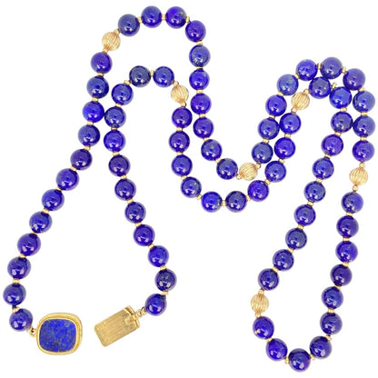 Lapis Bead Necklace Strung w 14Kt Gold Rondells & 18Kt Gold Clasp