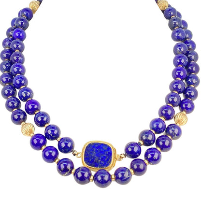 Lapis Bead Necklace Strung w 14Kt Gold Rondells & 18Kt Gold Clasp
