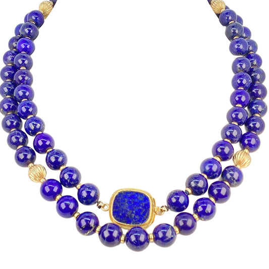 Lapis Bead Necklace Strung w 14Kt Gold Rondells & 18Kt Gold Clasp