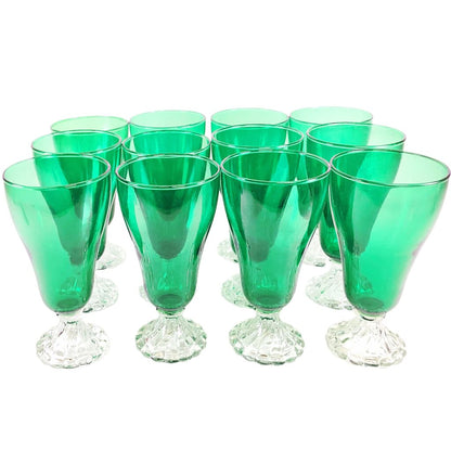 Green Glass 12 pc. Water Goblets w/ Swirled Clear Bases