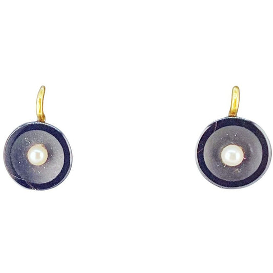 18Kt Gold, Pearl & Onyx Earrings