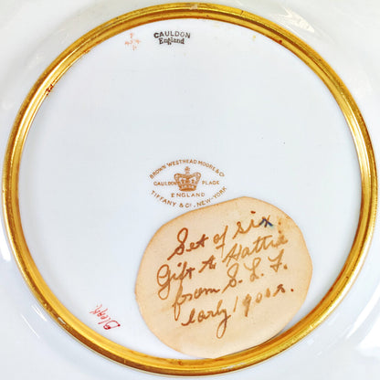 Set of 6 Antique Hand Painted Cauldon for Tiffany Fish Plates. Signed Birbeck, Sen