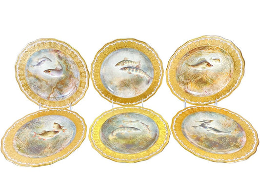 Set of 6 Antique Hand Painted Cauldon for Tiffany Fish Plates. Signed Birbeck, Sen
