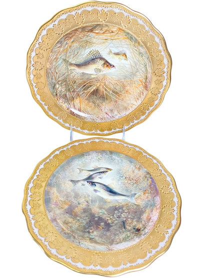 Set of 6 Antique Hand Painted Cauldon for Tiffany Fish Plates. Signed Birbeck, Sen