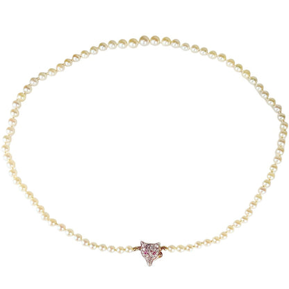 Pearl Necklace w Diamond & Ruby Fox Clasp Mounted in 14Kt Gold