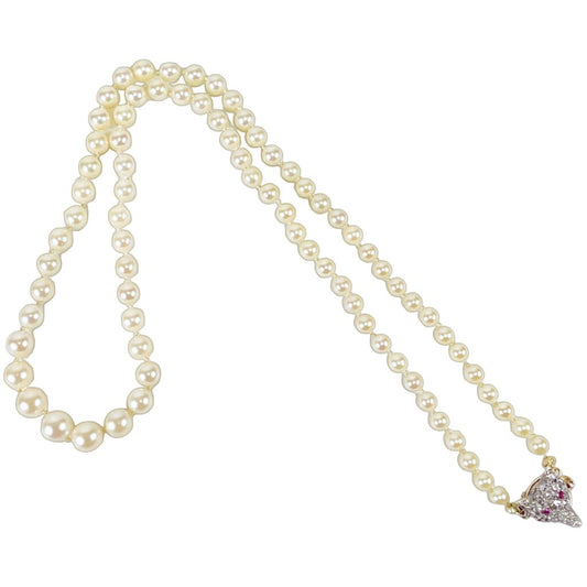 Pearl Necklace w Diamond & Ruby Fox Clasp Mounted in 14Kt Gold