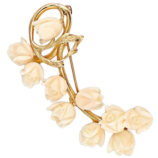 14kt w/ Angel Skin Coral Carved Floral Brooch