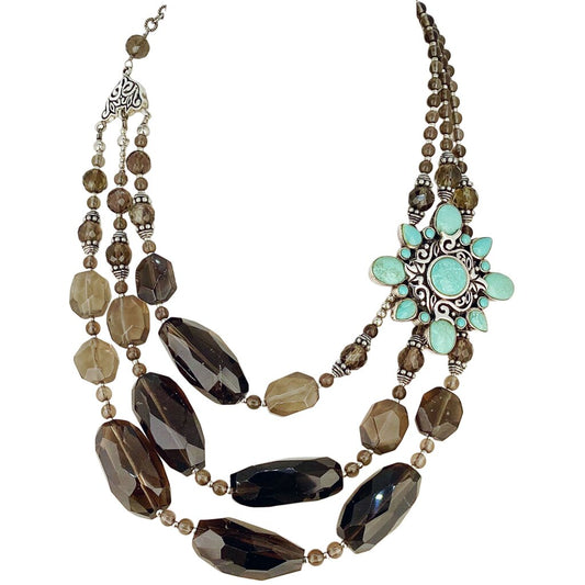 Sterling, Smoky Quartz and Turquoise Double Strand Necklace
