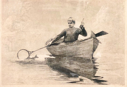 Antique Lithograph of Winslow Homer's "Fly Fishing, Saranac Lake".