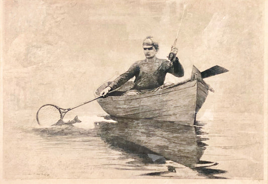 Antique Lithograph of Winslow Homer's "Fly Fishing, Saranac Lake".
