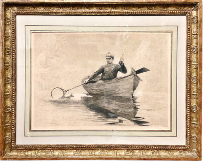 Antique Lithograph of Winslow Homer's "Fly Fishing, Saranac Lake".