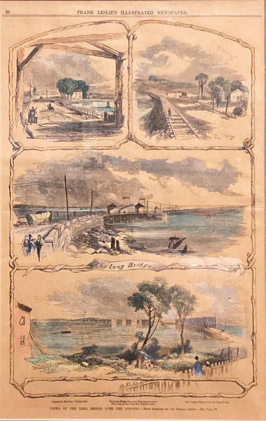 Frank Leslie's Illustrated Newspaper Colored Etching of the DC Long Bridge. Early 1900's.