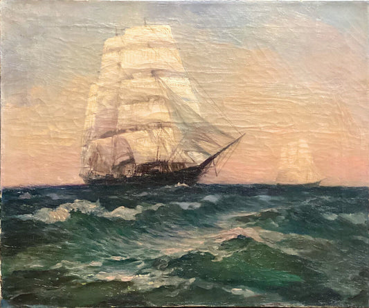 Sailing Schooners At Sea. Oil on Canvas. Early 20th Century American.