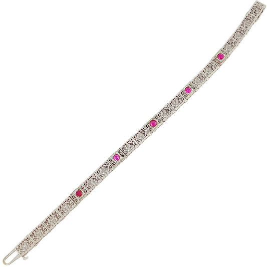 14KT White Gold Antique Filigree & Ruby Bracelet